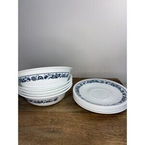 5 Corelle Old Town Blue Onion Soup Cereal Bowls + 6 Saucer Plates Mint Vintage
